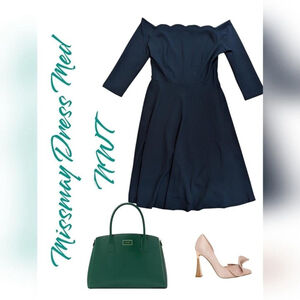 Off Shoulder Scalloped Navy Fit & Flare Scuba Dress Women's Sz M Preppy Feminine